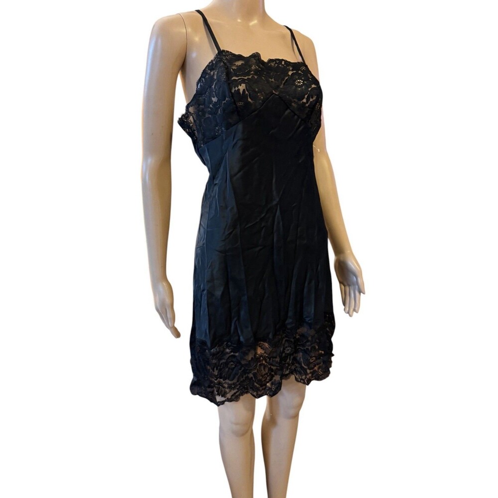 Vintage Ora Feder Satin Slip Dress Coquette Lace Trim 70s Nightgown